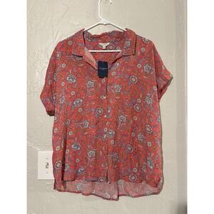 NWT Lucky Brand Large Pink Floral Print Short Sleeve Collared Button Up Shirt